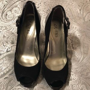 Guess black suede peep toe heels
